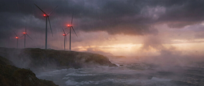 Cinematic Wind Turbines in Stormlight Above Coastal Cliffs with Crashing Waves
