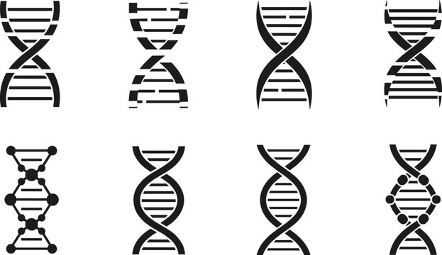 DNA Helix Variations Icon Set with Genetic Structure Molecule Shapes Abstract Biology Science Symbols Black Vector Collection for Medical Research Design