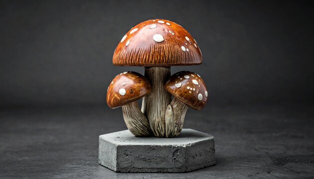 Decorative ceramic mushroom sculpture featuring three spotted caps on a stone base for artistic interior home decor and lifestyle concepts.