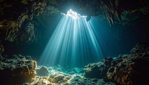 A stunning cavern interior featuring magnificent sunbeams streaming through an opening in the rocky ceiling into a mysterious underground void.
