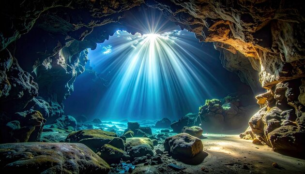 Breathtaking view inside a mysterious dark sea cave with ethereal sunlight streaming through an opening in the rocky ceiling above water.