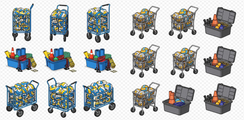 Obraz premium Set of isometric shopping carts, trolleys, and cooler boxes filled with various items, isolated on a transparent background.