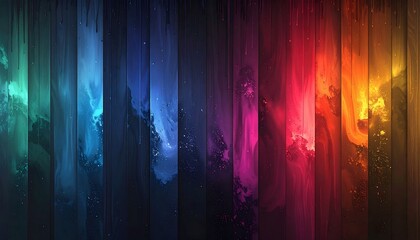 Naklejka premium Vibrant rainbow paint drips on dark wooden planks creating an abstract colorful background with glowing light reflections and artistic texture.
