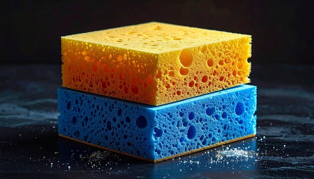 A stack of bright yellow and blue household cleaning sponges resting on a dark textured surface perfect for home chores and sanitation concepts.