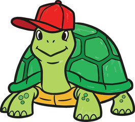 Obraz premium A cartoon turtle wears a red baseball cap and walks across a white background. The turtle has a green shell and a friendly expression.
