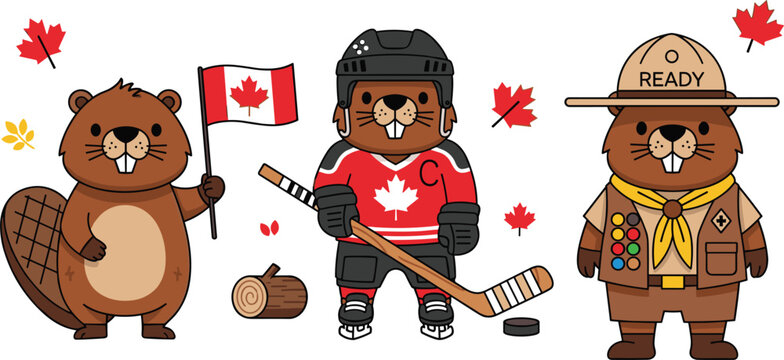 Cartoon beaver dressed in Canadian themed outfits with flag, hockey gear, and scout uniform with autumn leaves vector design.