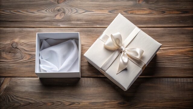 Elegant cream gift box with ivory ribbon and a partially opened white box on a rustic wooden surface, ready for a special occasion