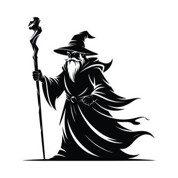 Wizard mage silhouette with staff fantasy magic character vector illustration