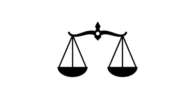 Black minimalist scales of justice icon isolated on white