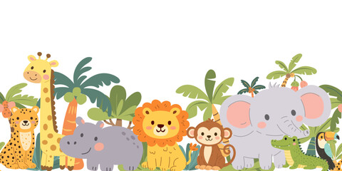 Cute wild animals in tropical leaves. African animals in the jungle. Monkey, lion, giraffe, leopard and rhinoceros in a flat cartoon style. Vector horizontal banner. © Kseniya
