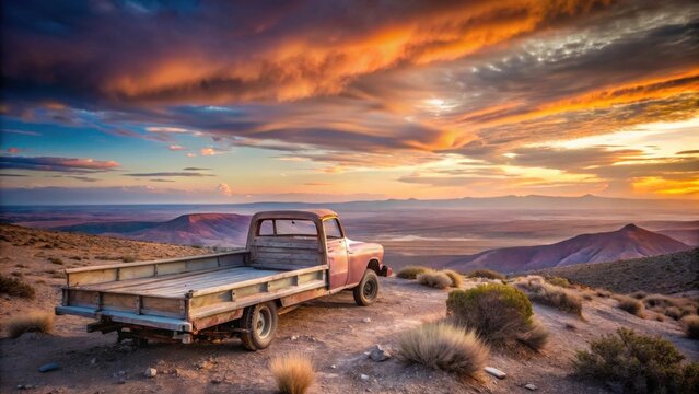 Rustic Vintage Pickup Truck on a Hilltop at Sunset, Overlooking a Vast and Dramatic Landscape