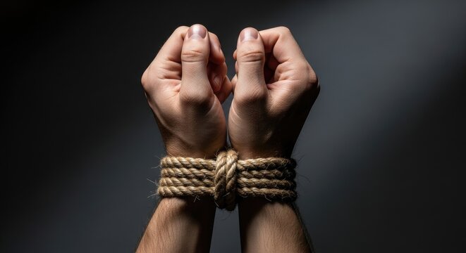 A man's hands are bound with a thick rope. The wrists are tightly secured, and the rope is wrapped around the forearms.