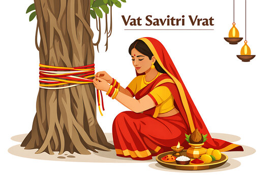 High Quality Image of Vat Savitri Vrat Vat Purnima Festival Devotional Indian Culture Banyan Tree Puja Sacred Ritual Scene Background
