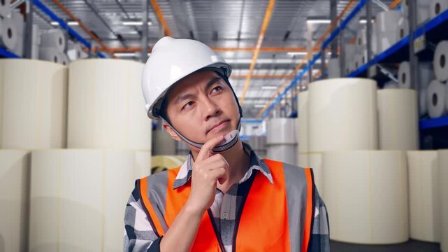 Close Up Of Asian Male Engineer With Safety Helmet Thinking And Looking Around Then Raising His Index Finger While Standing at Warehouse with Rows of Stacked White Polymer and Paper Rolls