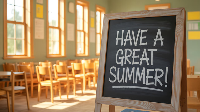 Stock photograph of a classroom with a chalkboard displaying Have a Great Summer! and sunlight streaming through the windows
