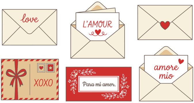 Collection of six vintage style envelopes and postcards featuring love messages in different languages and festive designs romance valentine greeting xoxo amore mio lamour