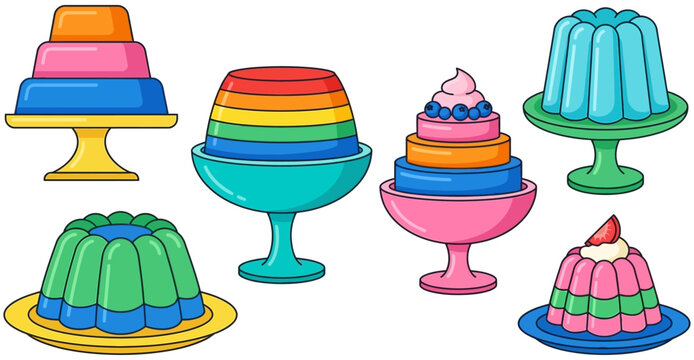 Collection of colorful layered desserts including cakes and jellies presented in various dishes and stands evoking a festive and cheerful atmosphere jelly pudding sweet food