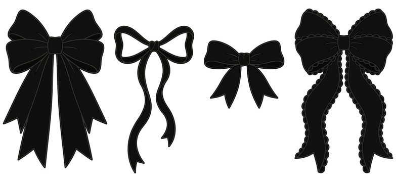 Four different black ribbon bows including a large ornate bow and a smaller simple bow are arranged in a row decorative gift present elegant celebration accessory craft design