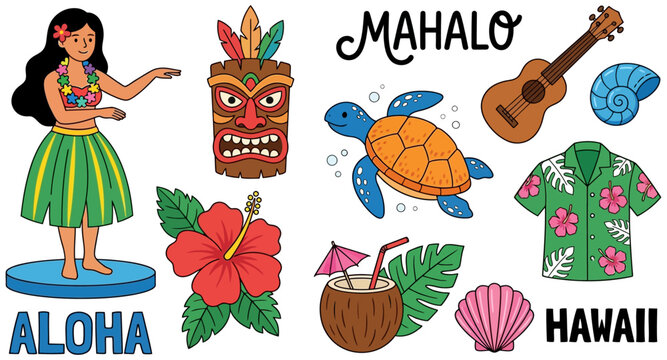 Illustrated collection of Hawaiian themed items including a hula dancer tiki mask sea turtle ukulele hibiscus flower and tropical drink with relevant text elements aloha mahalo