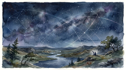 Fototapeta premium Astronomer gazing at a celestial constellation map over a valley