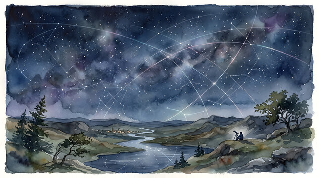 Astronomer gazing at a celestial constellation map over a valley