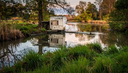 Fototapeta premium Tranquil riverside cabin reflection