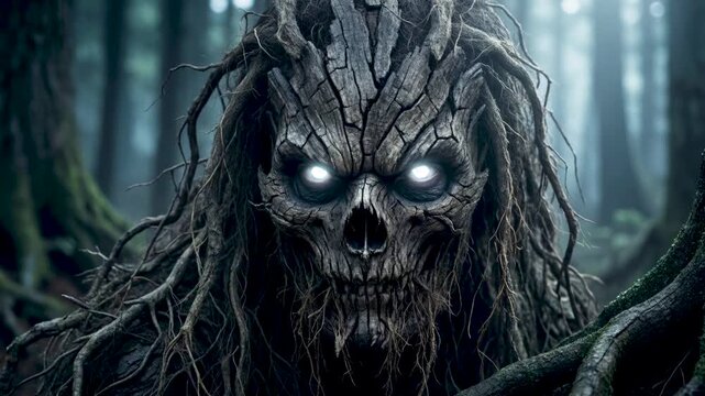 Scary tree monster with glowing eyes emerging from dark mystical forest environment and ancient nature spirits