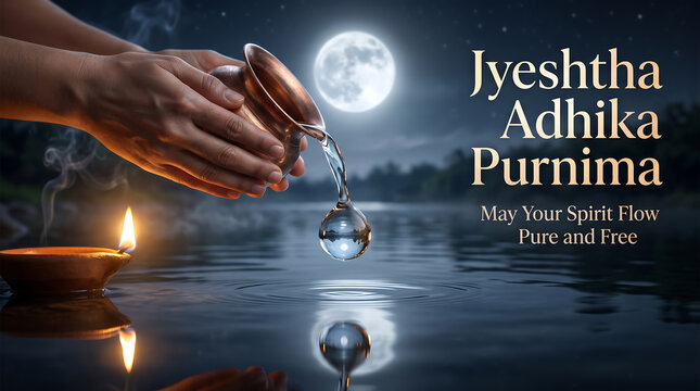 Hands pouring water from copper vessel into a lake at night with full moon and lit diya
