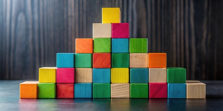 Colorful Wooden Blocks Arranged in Ascending Pyramid Shape on Dark Surface