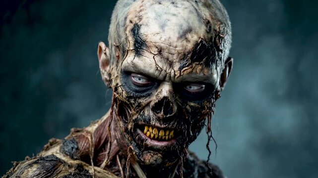 Scary undead zombie monster with decaying skin and rotting flesh looking forward in dark atmosphere