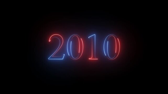 2010 neon text. Abstract 2010 neon text animation, Glowing 2010 neon text on black  background 4k video.