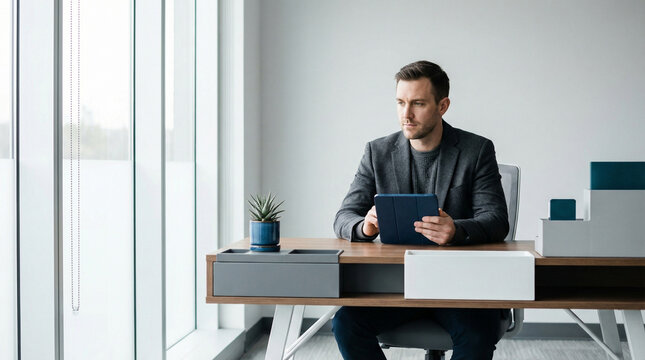 Businessman using tablet while sitting at desk in modern office  
