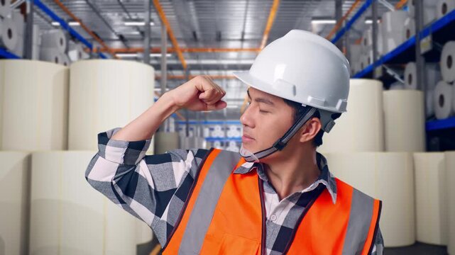 Close Up Of Asian Male Engineer With Safety Helmet Flexing His Bicep And Smiling To Camera While Standing at Warehouse with Rows of Stacked White Polymer and Paper Rolls