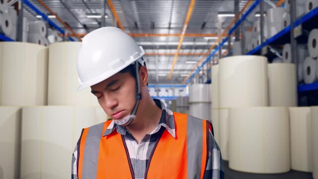 Close Up Of Asian Male Engineer With Safety Helmet Having A Headache While Working at Warehouse with Rows of Stacked White Polymer and Paper Rolls