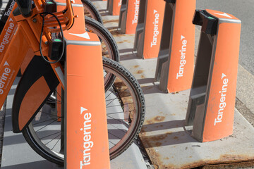 Fototapeta premium close-up of docking station for Bike Share Toronto rental vehicles in downtown Toronto