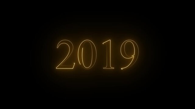 2019 neon text. Abstract 2019 neon text animation, Glowing 2019 neon text on black  background 4k video.