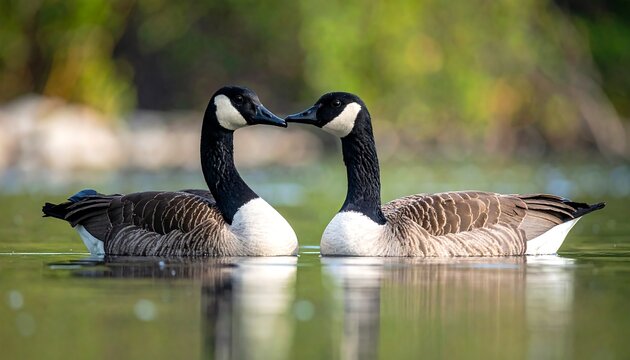 Two Canada geese facing each other, heads nearly touching, in calm water