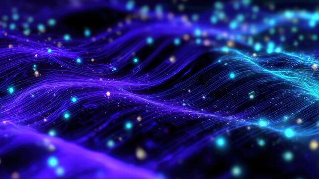 Abstract glowing wavy lines and particles creating a futuristic digital landscape in deep blue and purple