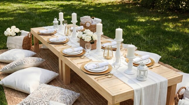 A luxurious picnic-style long wooden table arranged with white candles, roses, and gold-rimmed plates on a grassy lawn with comfortable floor cushions.