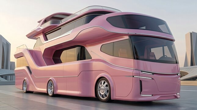 A futuristic 3-level luxury land yacht in pastel pink, featuring aerodynamic styling and expansive glass decks, parked in a minimalist urban setting.