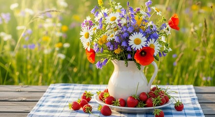Naklejka premium Charming swedish midsummer table setting with a ceramic jug, meadow flowers, and fresh strawberries