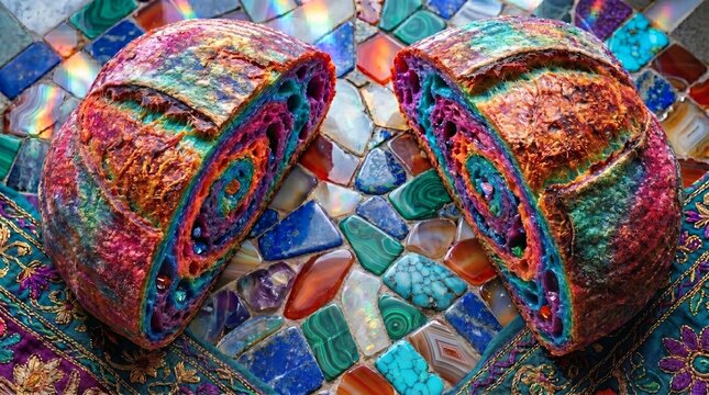 A conceptual high-angle shot of a sourdough loaf sliced in half to reveal a vibrant rainbow spiral interior, resting on a mosaic of polished gemstones and purple silk.