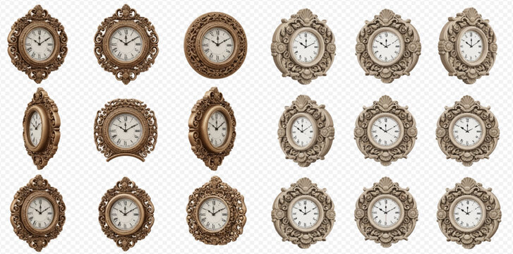 Set of vintage wall clocks in various shapes and angles, isolated on a transparent background.