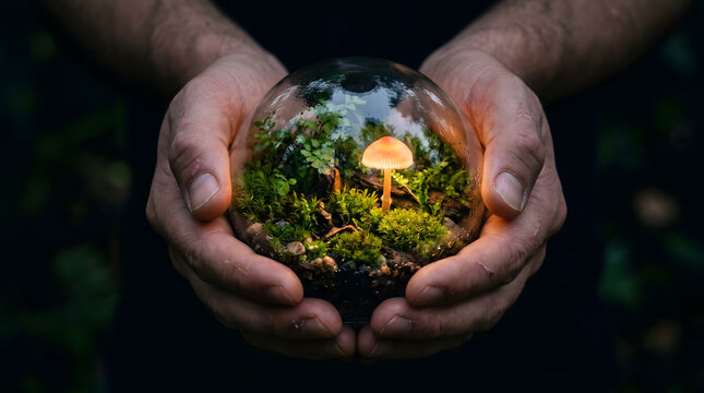 Close up of male hands holding a glass sphere terrarium with green moss and a glowing magic mushroom