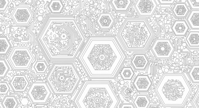 Intricate hexagonal geometric circuit board pattern illustration on isolated white background, digital technology texture with detailed lines.