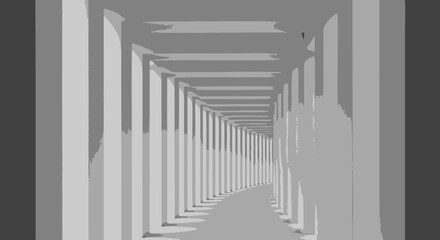 Fototapeta premium Empty modern architectural tunnel with symmetrical pillars in monochrome.