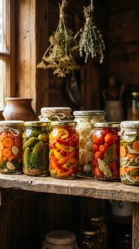 Fresh Greens and Pickled Vegetables Stored in Jars on Wooden Shelf in Rustic Kitchen During Quiet Afternoon