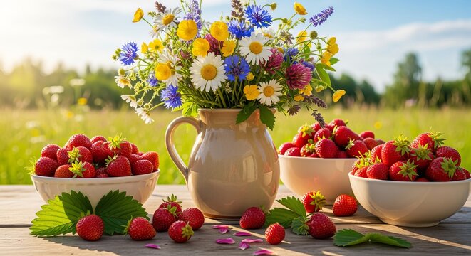 Charming swedish midsummer scene with a ceramic jug, meadow flowers, and fresh strawberries