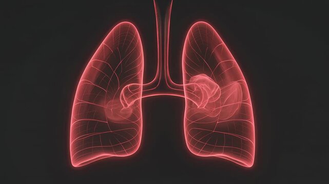 Animated human lungs anatomy, abstract glowing red bronchi network on black background, respiratory system concept