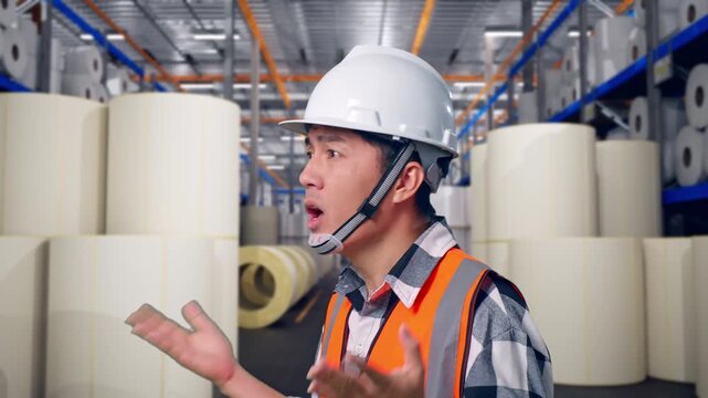 Close Up Side View Of Ondering Asian Male Engineer With Safety Helmet Saying Why Working Doubtfully at Warehouse with Rows of Stacked White Polymer and Paper Rolls